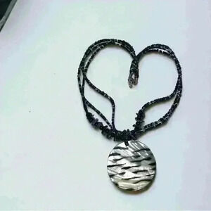 Black Multi-strand Seed Bead Necklace w Round Shell Medallion